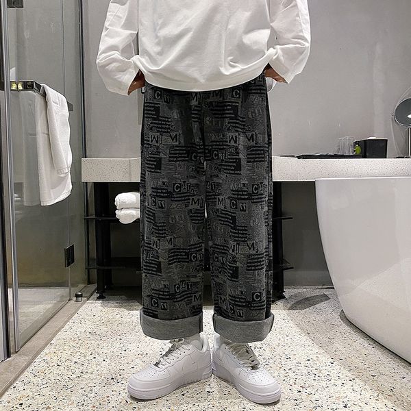 

autumn and winter 2020 imitation newspaper printing wide leg pants knitted jeans men's net red loose straight casual pants, Blue