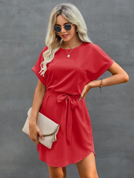 

keyhole back batwing sleeve belted dress j0gy#, Black;gray