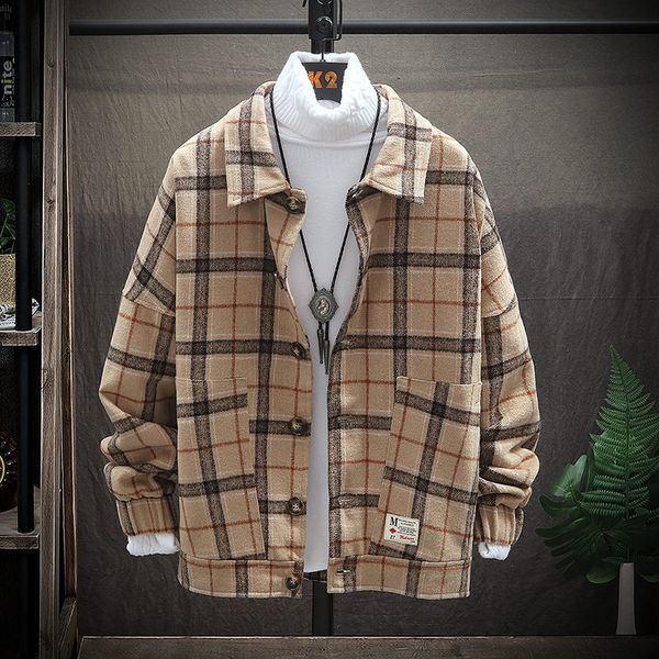

mens woolen jacket men retro vintage casual wool plaid coat male coats jackets korean clothes japanese streetwear man, Black