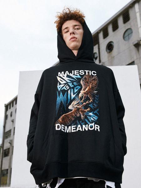 

men eagle & slogan graphic hooded sweatshirt 10os#, Black
