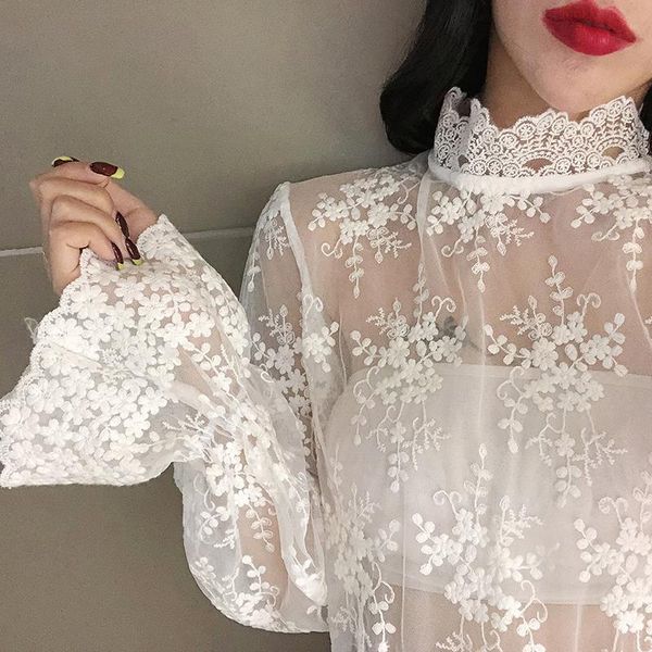 

women transparent patched lace turtleneck tee shirts blouses girls full flare sleeve mesh shirts for female gt720, White