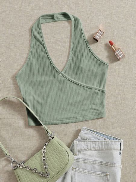 

open back rib-knit halter v4hq#, White