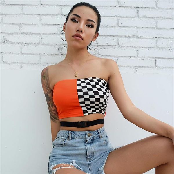 

streetwear checkerboard tube women buckle belt strapless crop casual tank 2020 bandeau cami clothes, White