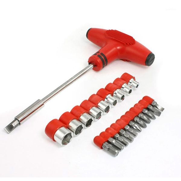 

22 1 hexagon with t-handle socket screwdriver bits set silver tone red1