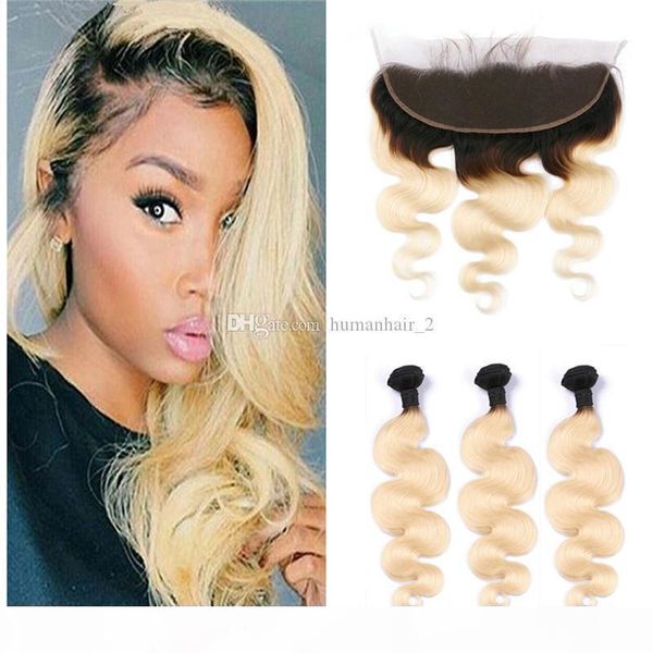 

#1b 613 blonde body wave lace frontal closure with bundles ombre hair 3 bundles with lace frontals brazilian human virgin hair weaves, Black;brown