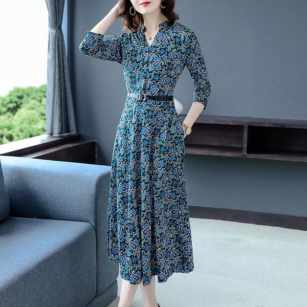 

female fashion spring and autumn dress retro printed dress thin the goalpost line with striped neckline dressed as floral 5xl dress h00120 b, Black;gray