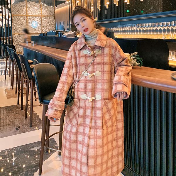 

2021 new women's coat winter new red plum horn lapel button straight-line long korean wool loose jacket nj8 e9mj, Black