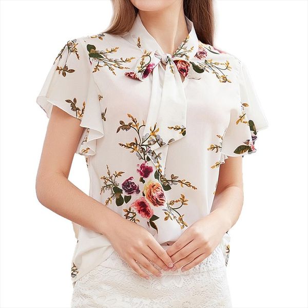 

рубашка с коротким рукавом женщины bow knot шеи печати рубашка casual печататься блудниц блуза элегантный камиза feminina манга comprida, White