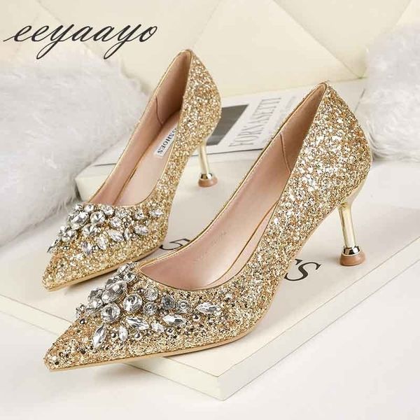 

2019 new spring/autumn women pumps high thin heel pointed toe ladies crystal bridal wedding women shoes gold high heels t200525, Black