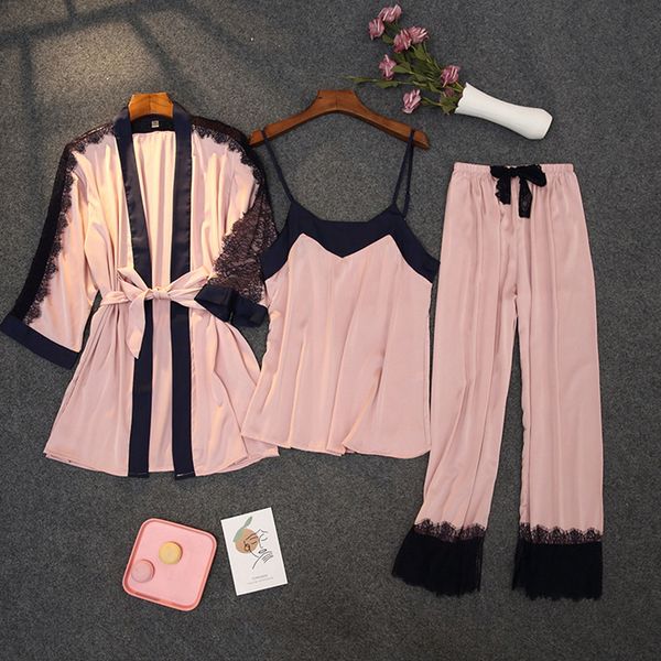 

2021 new style women's summer silk pijamas sets patchwork lace female sleepwear nightgown with sashes thin ladies nightwear yl9x, Black;red