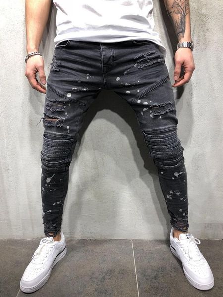 

clothing fashion printed ripped mens jeans hole stress style pencil pants zipper fly stacked designer mens, Blue