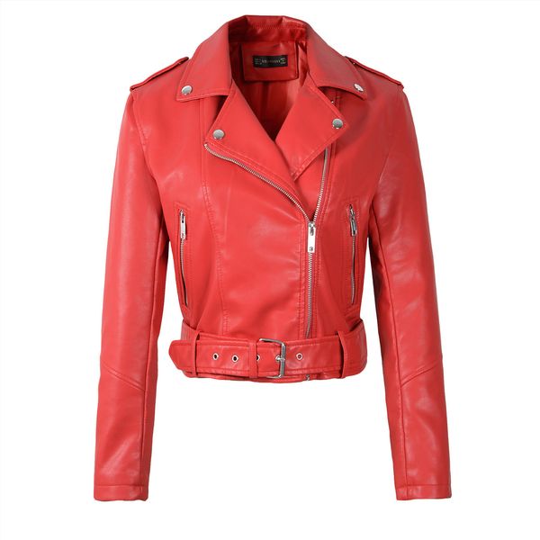

2020 new women autumn winter faux soft leather jackets lady white red black green pu zippers motorcycle street coats with belt