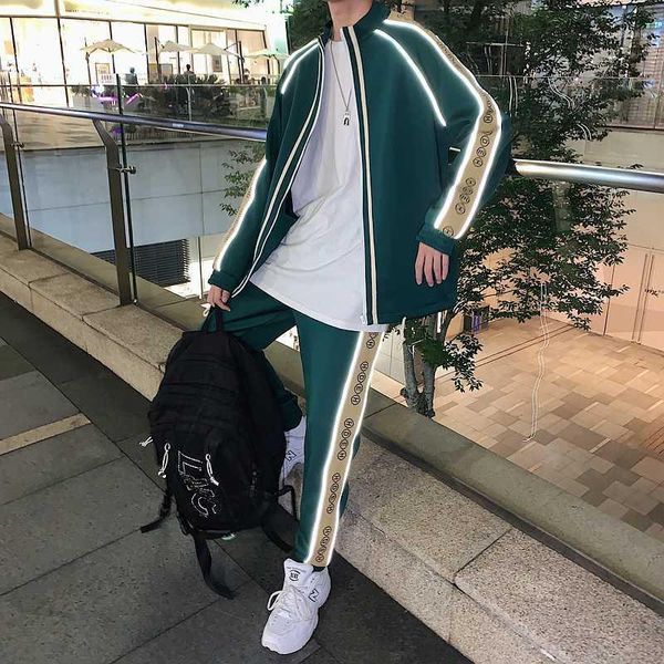 

5xlautumn luminous reflective one set of clothes pants two-piece suit men's color matching zipper cardigan sweatpants sweatpa1, Gray