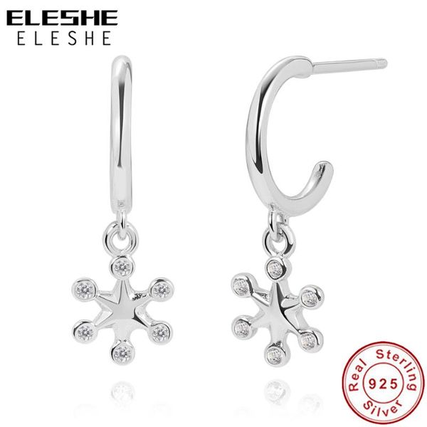 

eleshe 100% pure 925 sterling silver snowflake hoop earrings for women delicate cz crystal earrings wedding jewelry accessories, Golden;silver