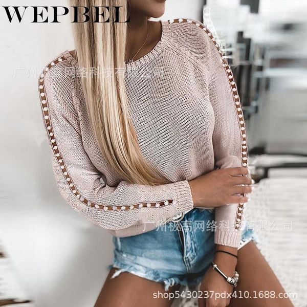 

women's sweaters wepbel fashion solid color beading hollow out sweater casual long sleeve o-neck loose knitted, White;black