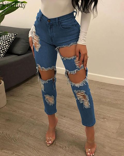 

women's jeans women cut out slim fit pencil denim pants streetwear high waist holes pockets, Blue