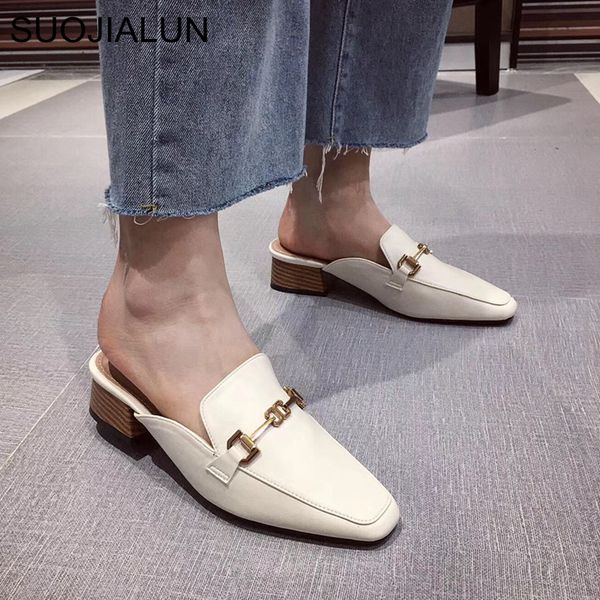 

suojialun women mules slippers 2020 new arrival slip on flat heel casual mules shoes wooden block heel summer buckle slides x1020, Black