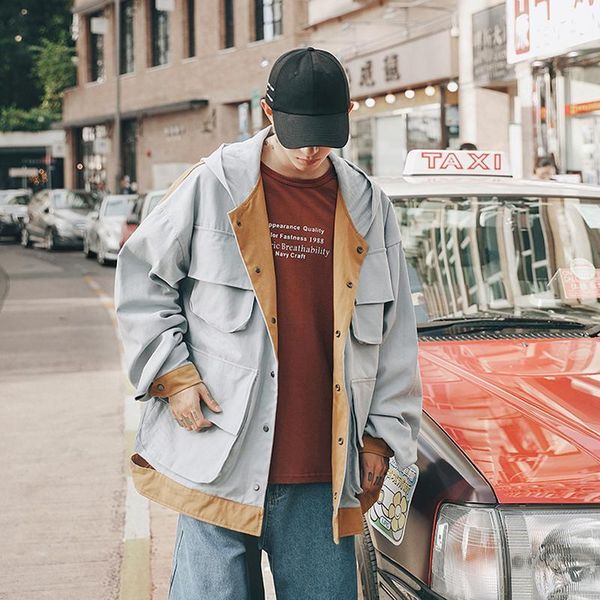 

men's jackets 2021 autumn and winter stitching big pocket jacket student couple oversize quality tooling shirt black khaki / sky blue m, Black;brown