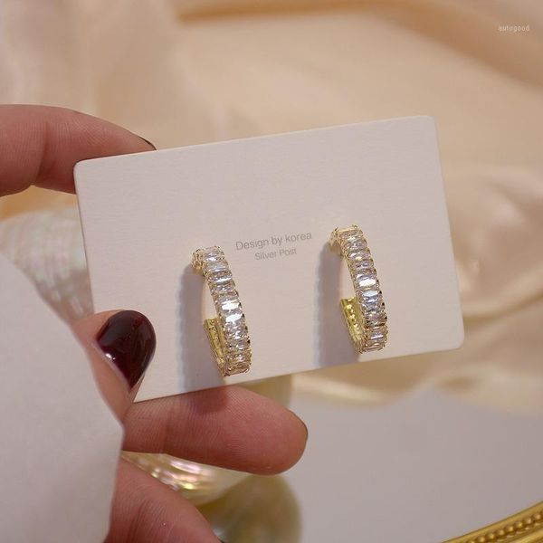 

stud korean 14k real gold temperament round cz earring for women one row zircon wedding engagement jewelry brincos1, Golden;silver