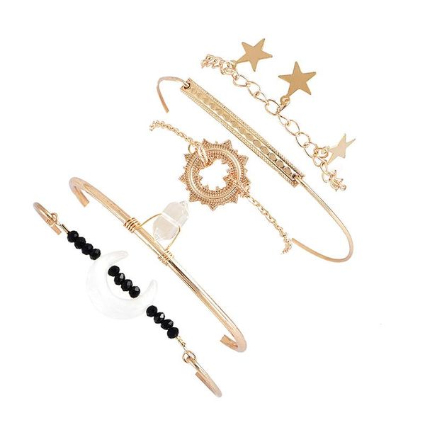 

5pcs/set bohemian bracelets set women star moon sun gem bead chain opening gold bracelet exquisite creative lady jewelry, Black