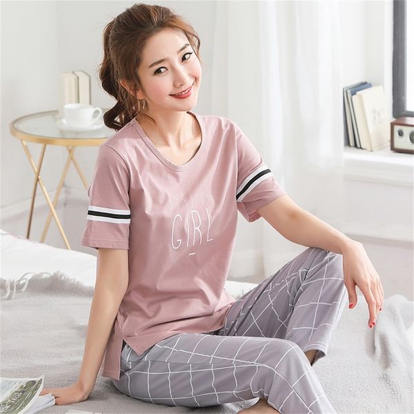 

5xl pajama set women short sleeve letter plaid long pants pajamas set soft sleepwear female pyjama set summer home wear lj200822, Black;red
