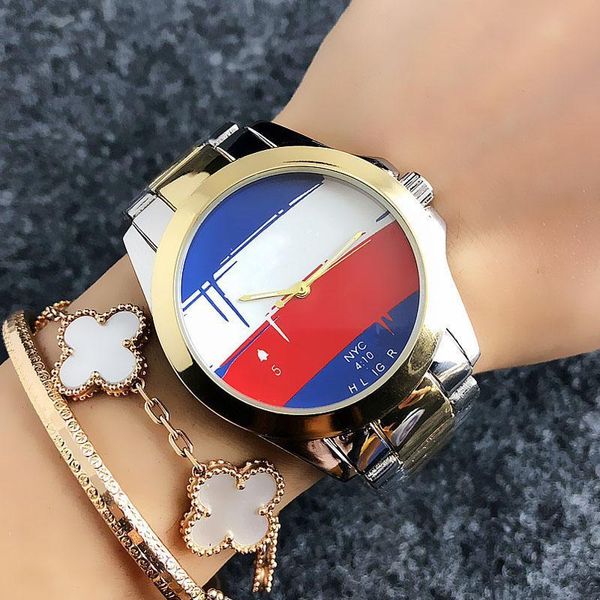 Простая повседневная мода роскошные бренды наручные часы для женской девушки мужчины флаг стиль сталь металлическая полоса кварцевые часы