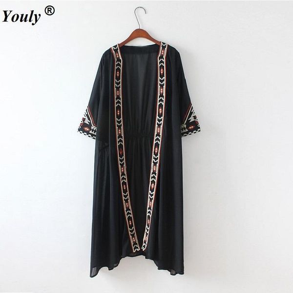 

fashion womens black white color geometric embroidery ethnic shirt cardigan summer sunscreen kimono chiffon maxi blouses female1