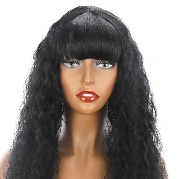 

black curly wigs long wig synthetic wigs with neat bangs for women's natural wig water wave hair wig cosplay wigs high quality, Black;brown