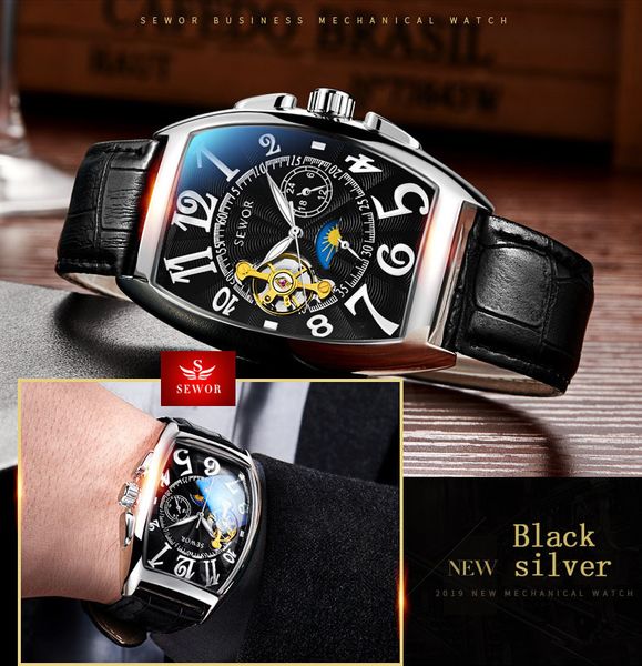 

fashion men mon phase tourbillon watch sewor luxury automatic mechanical watch leather strap sport wristwatch relogio masculino, Slivery;brown