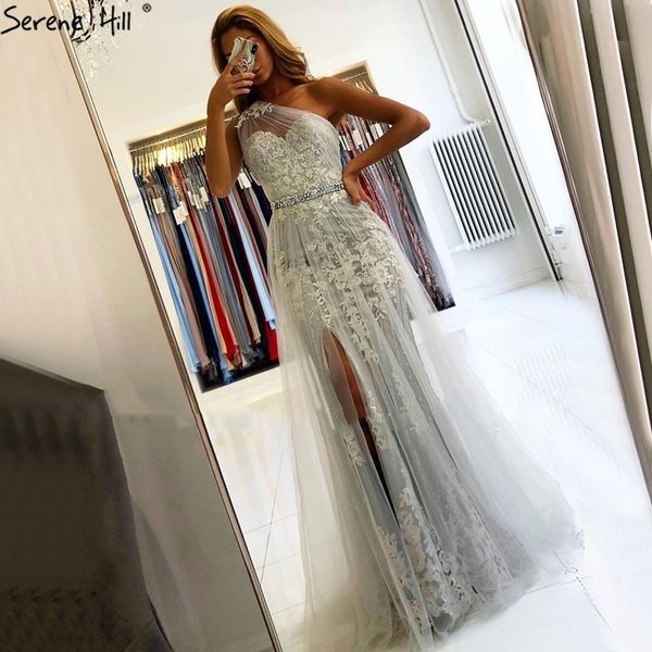 

serene hill grey mermaid elegant evening dresses gowns 2020 one shoulder lace pearls for women party lj201125, White;black