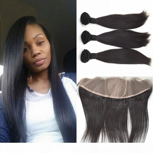 

ear to ear silk base frontal closure with bundles malaysian human hair straight virgin hair bundles with silk lace frontals, Black