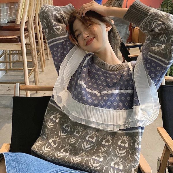 

korean autumn and winter new sweater women's ruffle panel contrast rhombic round neck long sleeve loose sweater coat1, White;black