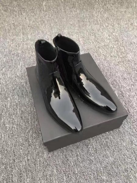 

men's block heel shoes pointy toe patent leather zipper casual ankle boots black a341