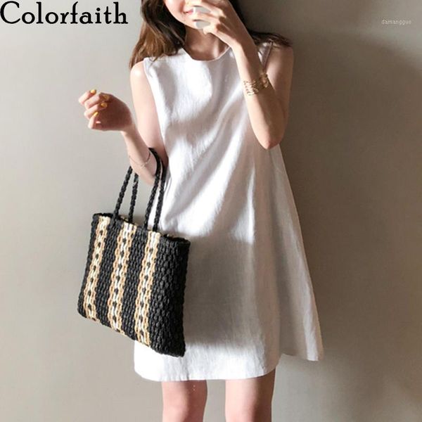 

colorfaith 2020 women sundress summer multi colors cotton and linen casual minimalist straight mini tank dress dr18181, Black;gray
