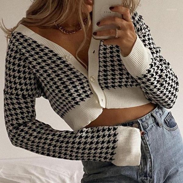 

womens cropped cardigan sweater vintage houndstooth knitwear short cardigans knitted shurg long sleeve crop pull femme1, White
