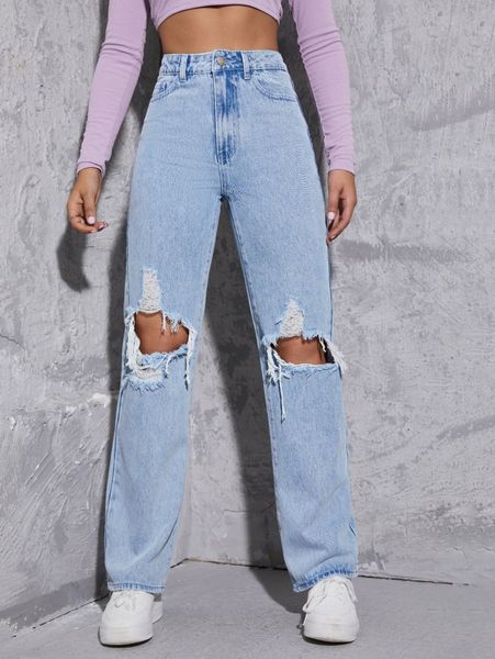 

high waist cut out ripped frayed straight leg jeans 8808#, Blue