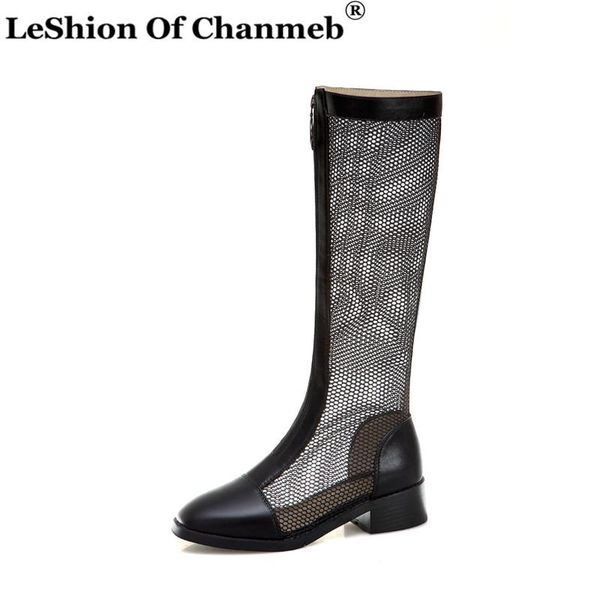 

boots 2021 arrival women knee high mesh net shoes botas mujer women's spring summer zipper block heels ladies 43, Black