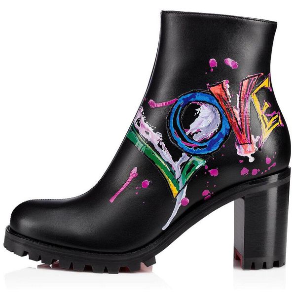 

famous winter women's red bottom boots graffiti leather lug sole ankle boots brands red sole booties party wedding, Black