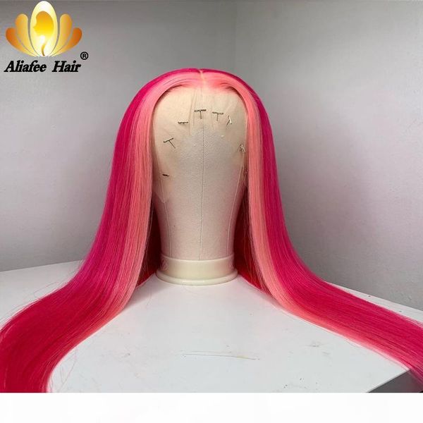 

aliafee transparent lace wigs malaysian straight wigs ombre pink color pre-plucked lace front wig 180% human hair for women, Black;brown