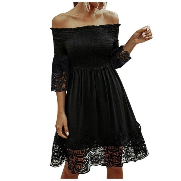 

amsgend women's clothing appliques woman dress fashion casual ruffles floral lace off shoulder solid woman dress summer dresses, Black;gray
