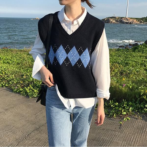 

women sweater vest autumn 2020 korean style vintage geometric argyle v neck sleeveless pullover knitted jumper tank t360, Black;white