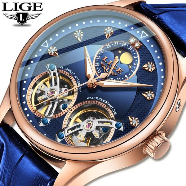 

2020 lige new men watch automatic mechanical watch tourbillon high end genuine leather waterproof relogio masculino, Slivery;brown