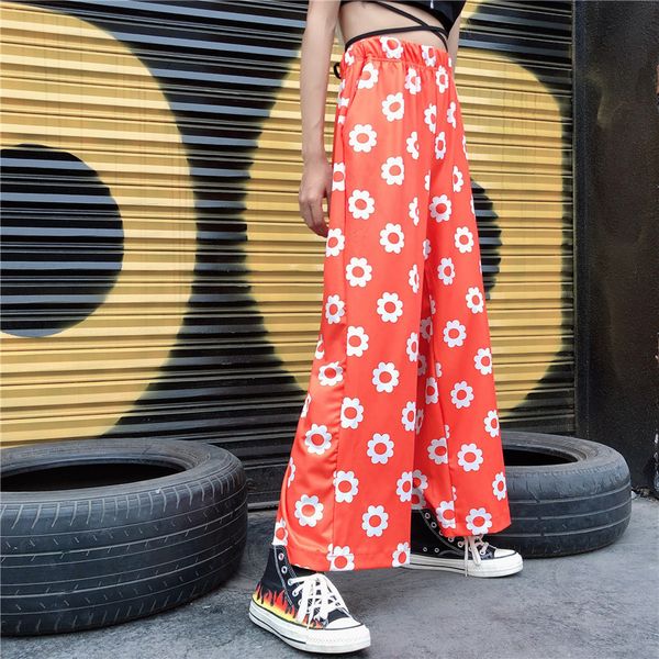 

2021 black orange daisy boho flower high waist rope streetwear loose in straight line jogger pant thin woman will see harajuku ahv3, Black;white