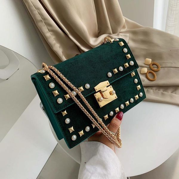 

new scrub leather chain crossbody bags for women 2020 luxury rivet lock shoulder messenger bag lady brand handbags and purses