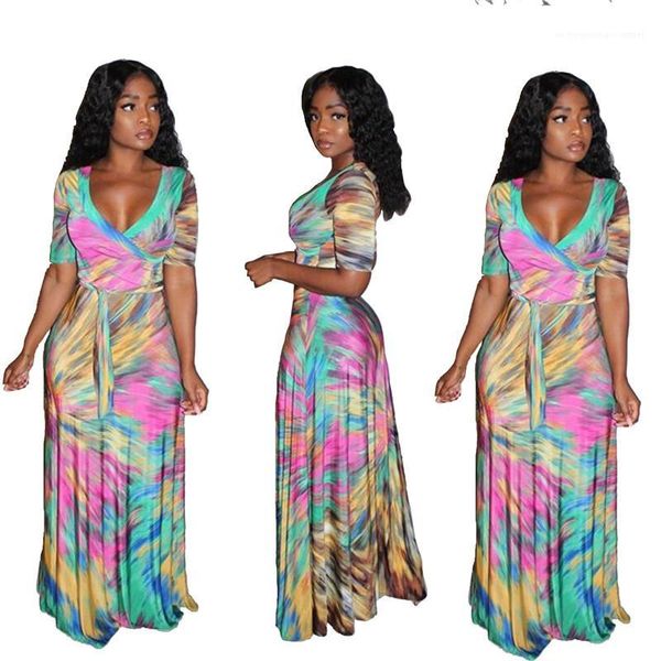 

color short sleeve dress v neck maxi dress fashion graffiti print pleated dresses casual multi, Black;gray