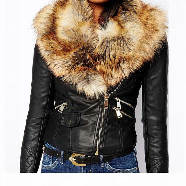 

faroonee pu leather jacket with faux fur collar women autumn coat female slim short outerwear overcoat plus size 3x q1660, Black;brown