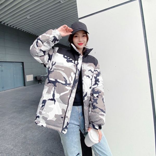 

women's down cost 20fw winter new camouflage stitching design style three leaf printing warm men's jacket down coat size m-2xl, Black