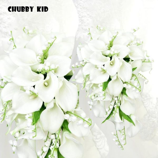

long artificial pu calla lily bell orchid teardrop-shaped holding flowers waterfall-shaped wedding bridal bouquet white blue1