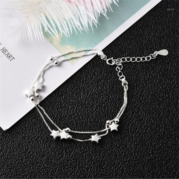

pofunuo classic five-pointed star square round beads silver 925 bracelets for women new double layered charm bracelets & bangles1, Golden;silver