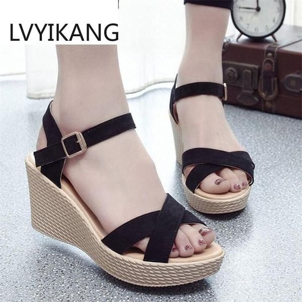 

2020 summer buckle women's sandals flock fashion wedges sandals open toe women dress women shoes sandalia feminina, Black